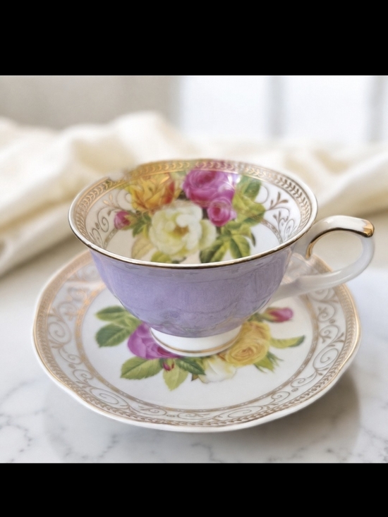 Other - Grace Teaware Floral Porcelain Teacup & Saucer Set – Lavender & Gold Trim